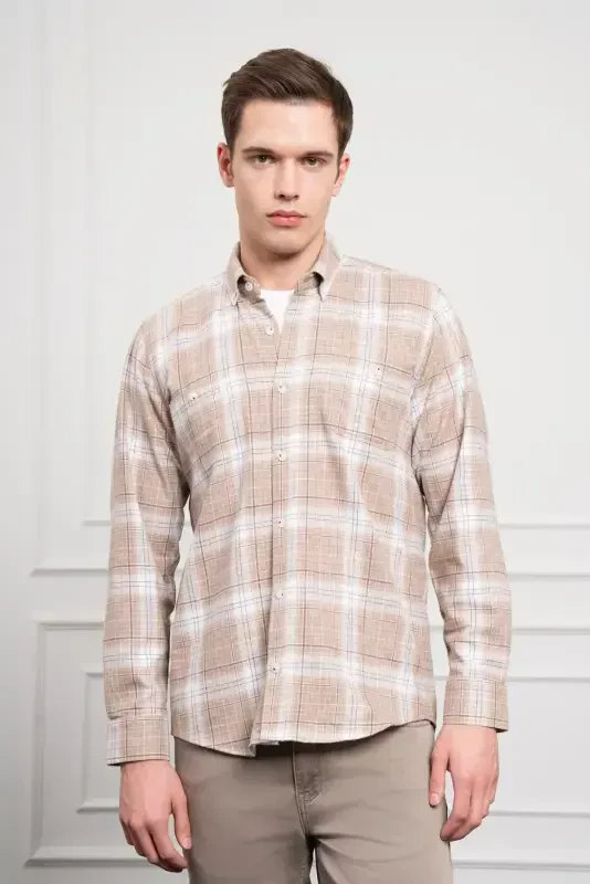 Modazone Men's Beige Winter Buttoned Collar Regular Fit Shirt - 2