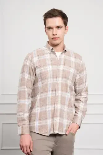 Modazone Men's Beige Winter Buttoned Collar Regular Fit Shirt - 3