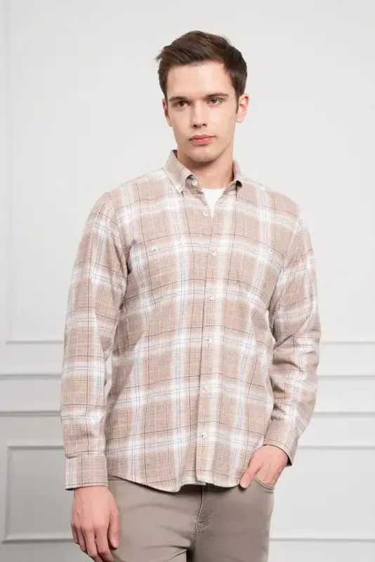 Modazone Men's Beige Winter Buttoned Collar Regular Fit Shirt - 3