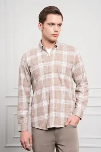 Modazone Men's Beige Winter Buttoned Collar Regular Fit Shirt - 4