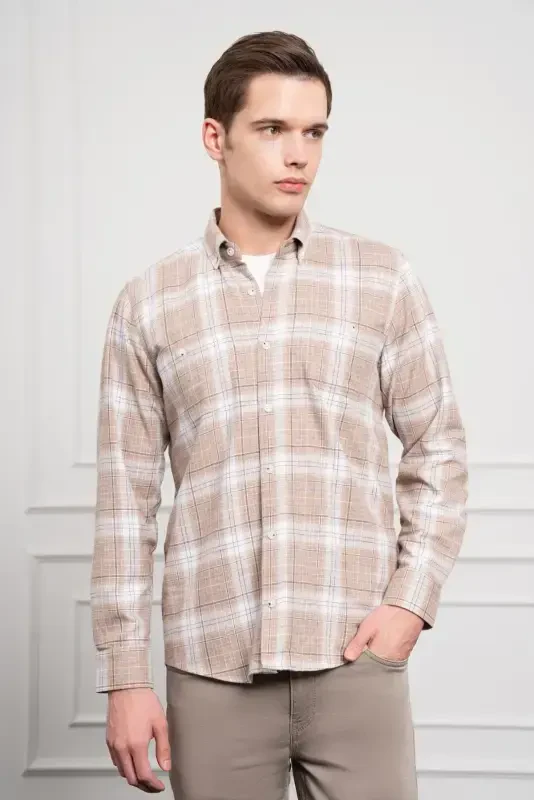 Modazone Men's Beige Winter Buttoned Collar Regular Fit Shirt - 4