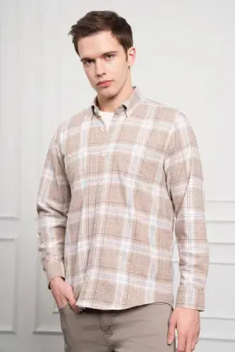 Modazone Men's Beige Winter Buttoned Collar Regular Fit Shirt - 5