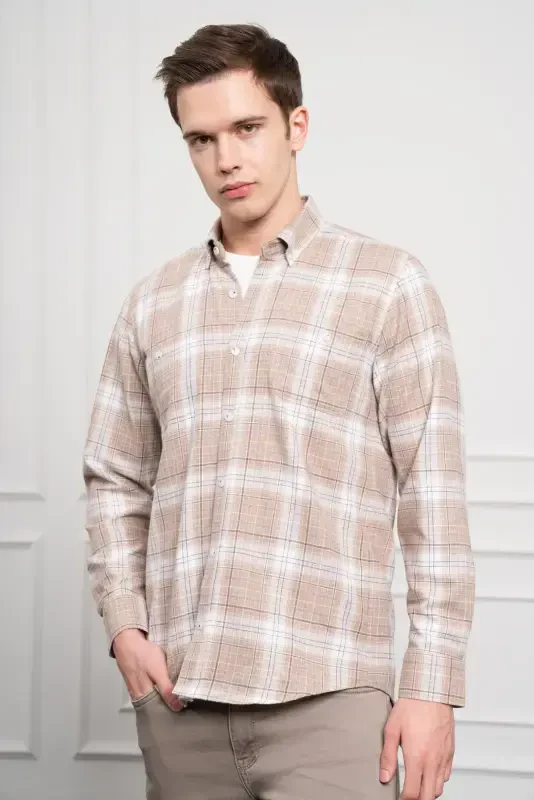 Modazone Men's Beige Winter Buttoned Collar Regular Fit Shirt - 5