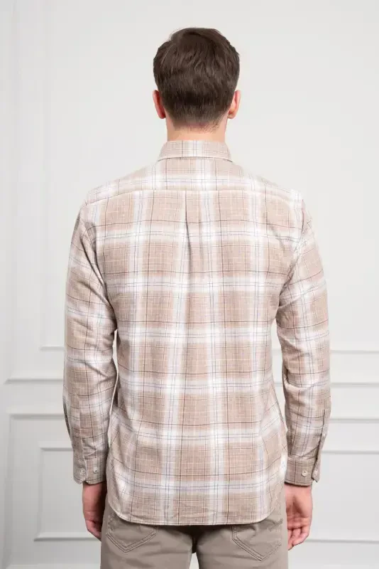 Modazone Men's Beige Winter Buttoned Collar Regular Fit Shirt - 6