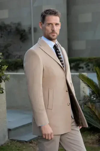 Modazone Men's Beige Wool Dynamic Fit Pointed Collar Coat - 1