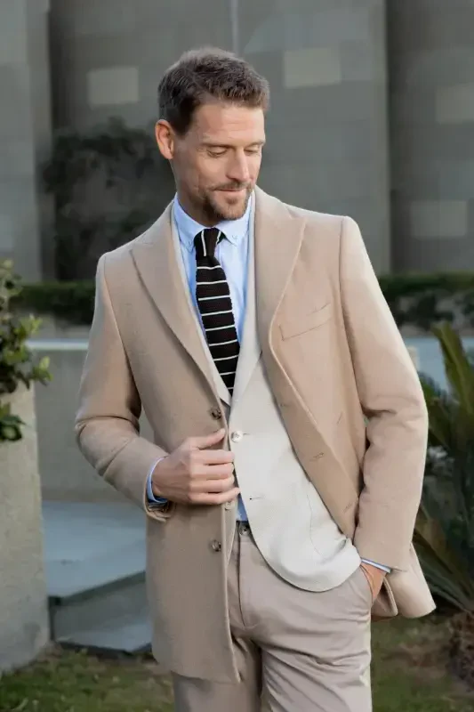 Modazone Men's Beige Wool Dynamic Fit Pointed Collar Coat - 3