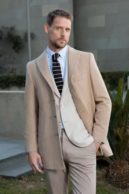 Modazone Men's Beige Wool Dynamic Fit Pointed Collar Coat - 4