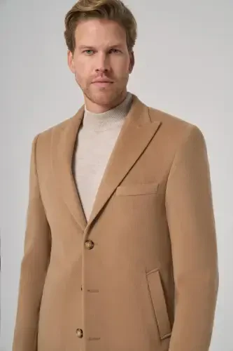 Modazone Men's Beige Wool Plain Dynamic Fit Pointed Collar Coat - 2