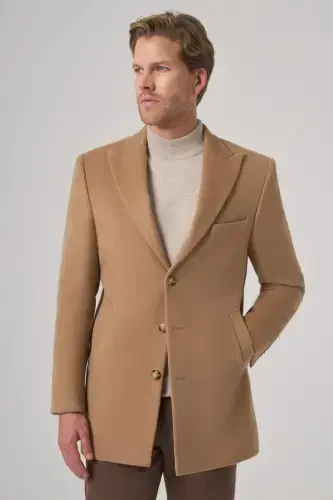 Modazone Men's Beige Wool Plain Dynamic Fit Pointed Collar Coat - 3