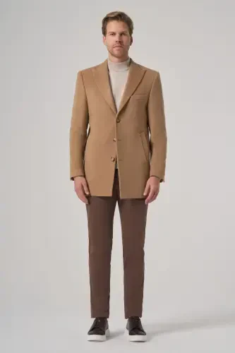 Modazone Men's Beige Wool Plain Dynamic Fit Pointed Collar Coat - 4