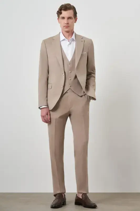 Modazone Men's Beige Wool Slim Fit Vested Notch Lapel Suit - 3