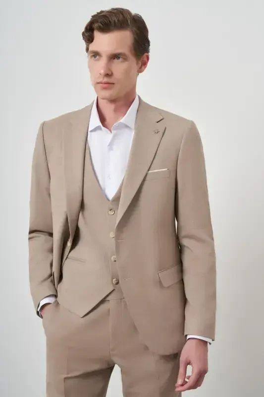 Modazone Men's Beige Wool Slim Fit Vested Notch Lapel Suit - 4