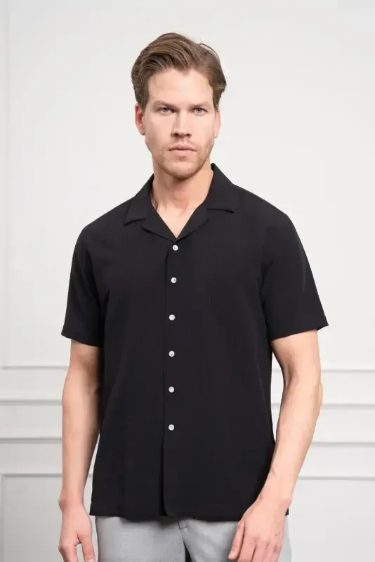 Modazone Men's Black Apache Collar Short Sleeve Shirt - 1