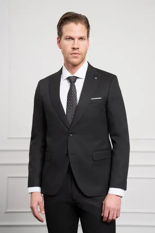 Modazone Men's Black Basic Jacquard Pattern Slim Fit Pointed Collar Suit - MORVEN