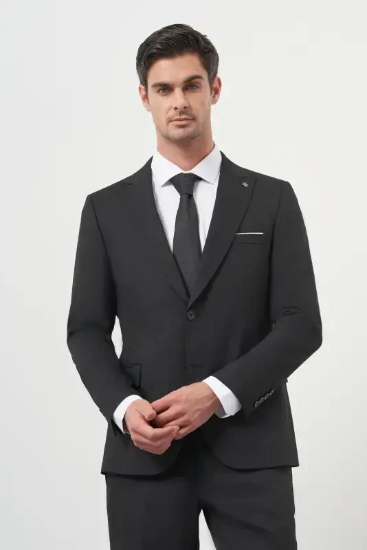 Modazone Men's Black Basic Jacquard Pattern Slim Fit Pointed Collar Suit - 3