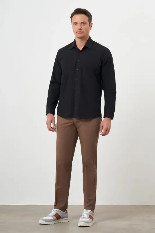 Modazone Men's Black Basic Plain Pattern Hard Collar Regular Fit Shirt - 4