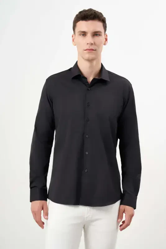 Modazone Men's Black Basic Plain Pattern Italian Collar Slim Fit Shirt - 1
