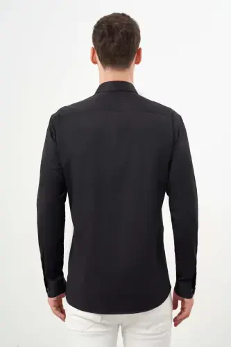 Modazone Men's Black Basic Plain Pattern Italian Collar Slim Fit Shirt - 6