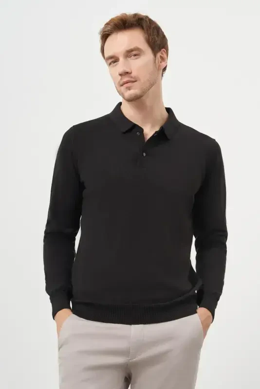 Modazone Men's Black Basic Polo Collar Dynamic Fit Relaxed Fit Knitwear - 1