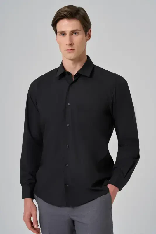Modazone Men's Black Basic Regular Fit Stiff Collar Shirt - 1