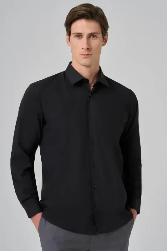 Modazone Men's Black Basic Regular Fit Stiff Collar Shirt - 2
