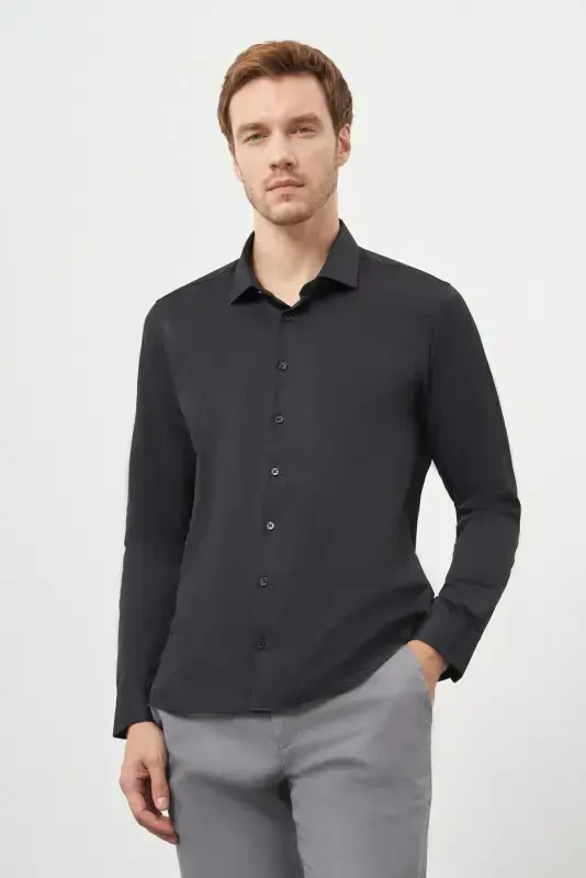 Modazone Men's Black Basic Slim Fit Italian Collar Shirt - 1
