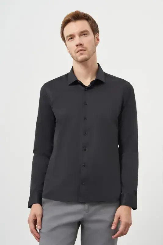 Modazone Men's Black Basic Slim Fit Italian Collar Shirt - 4