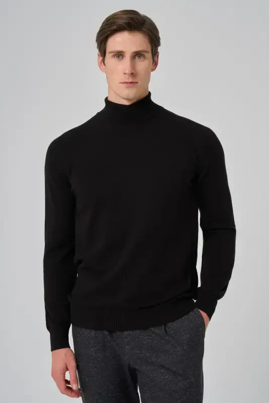 Modazone Men's Black Basic Turtleneck Dynamic Fit Comfort Fit Knitwear - MORVEN
