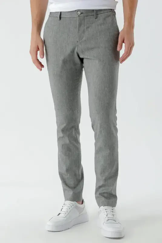 Modazone Men's Black Bond Patterned Polyviscose-Linen Slim Fit Trousers - MORVEN