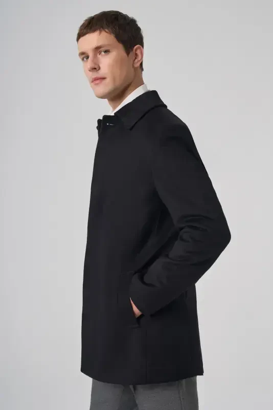 Modazone Men's Black Buttoned Barber Collar Dynamic Fit Coat - 2