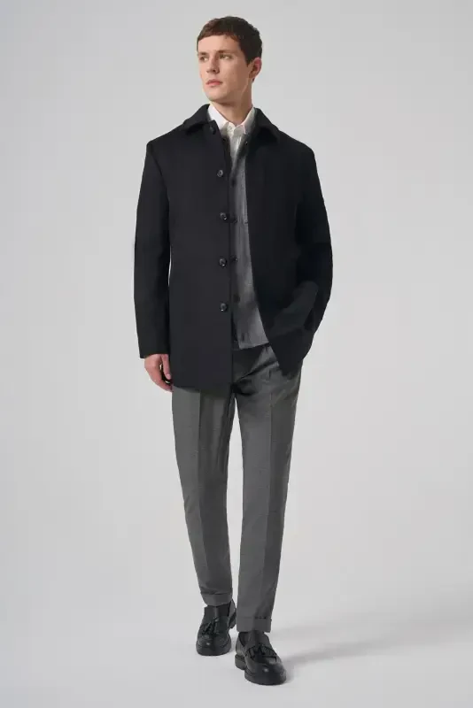 Modazone Men's Black Buttoned Barber Collar Dynamic Fit Coat - 4