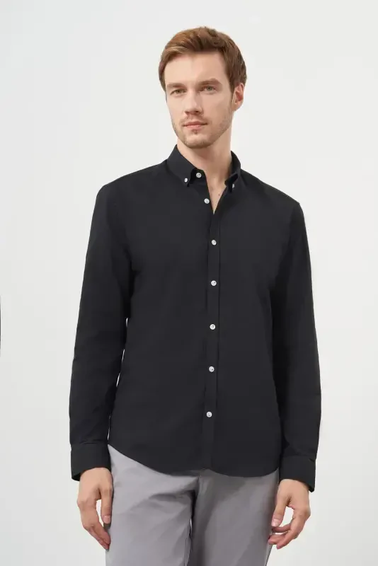 Modazone Men's Black Cotton Trend Button-Down Collar Dynamic Fit Shirt - 2