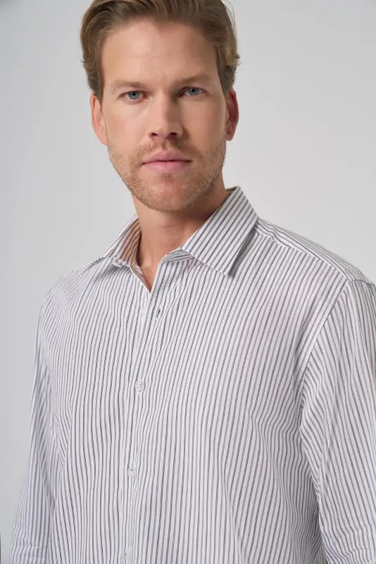 Modazone Men's Black Cotton Trend Striped Dynamic Fit Stiff Collar Shirt - 2