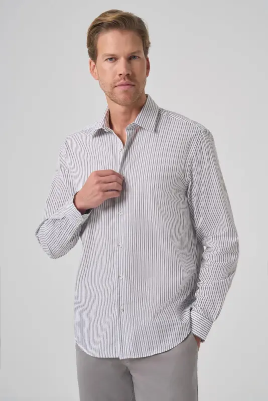 Modazone Men's Black Cotton Trend Striped Dynamic Fit Stiff Collar Shirt - 3