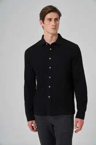 Modazone Men's Black Cotton Trend Tree Bark Pattern Dynamic Fit Italian Collar Shirt 