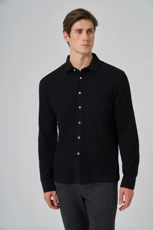 Modazone Men's Black Cotton Trend Tree Bark Pattern Dynamic Fit Italian Collar Shirt - MORVEN