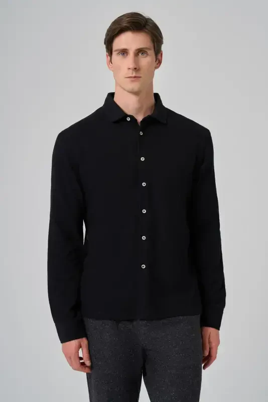 Modazone Men's Black Cotton Trend Tree Bark Pattern Dynamic Fit Italian Collar Shirt - 2