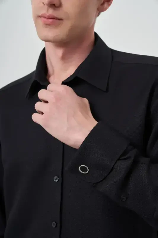 Modazone Men's Black Cuffed Slim Fit Stiff Collar Shirt - 3