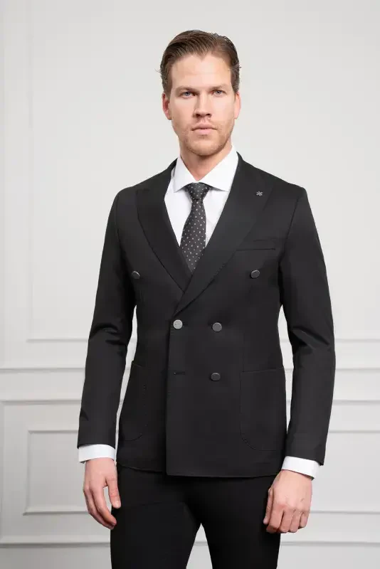Modazone Men's Black Double Breasted Slim Fit Pointed Collar Suit - MORVEN