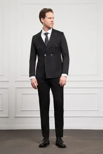 Modazone Men's Black Double Breasted Slim Fit Pointed Collar Suit - MORVEN (1)