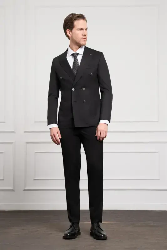 Modazone Men's Black Double Breasted Slim Fit Pointed Collar Suit - 2