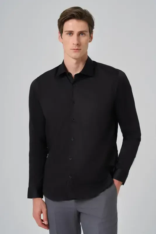 Modazone Men's Black Dynamic Fit Stiff Collar Shirt - MORVEN