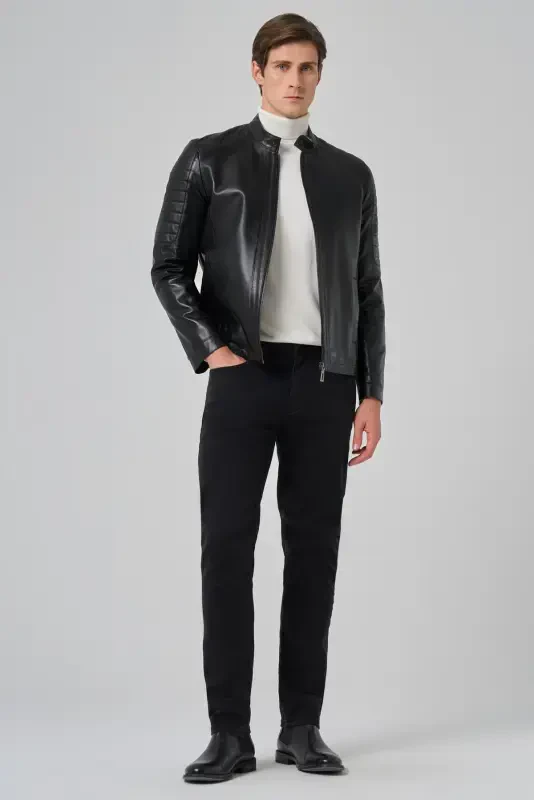 Modazone Men's Black Ibiza Biker Short Leather Jacket - 4