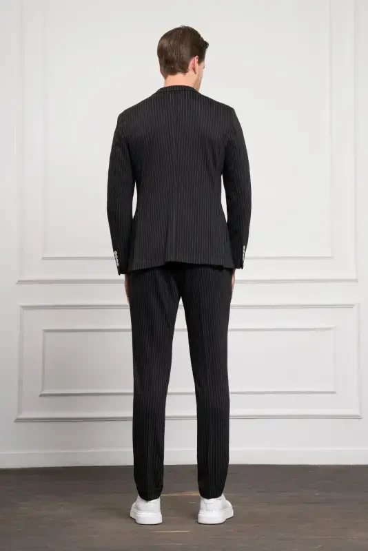 Modazone Men's Black Knitted Slim Fit Mono Collar Suit Slim Fit - 6