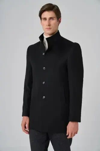 Modazone Men's Black Patterned Mandarin Collar Dynamic Fit Coat - 1