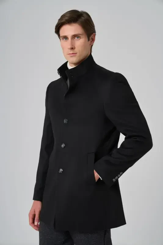 Modazone Men's Black Patterned Mandarin Collar Dynamic Fit Coat - 2