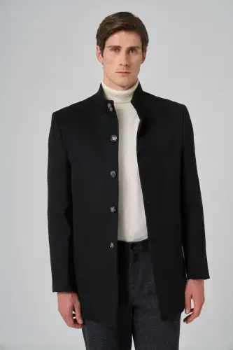 Modazone Men's Black Patterned Mandarin Collar Dynamic Fit Coat - 3