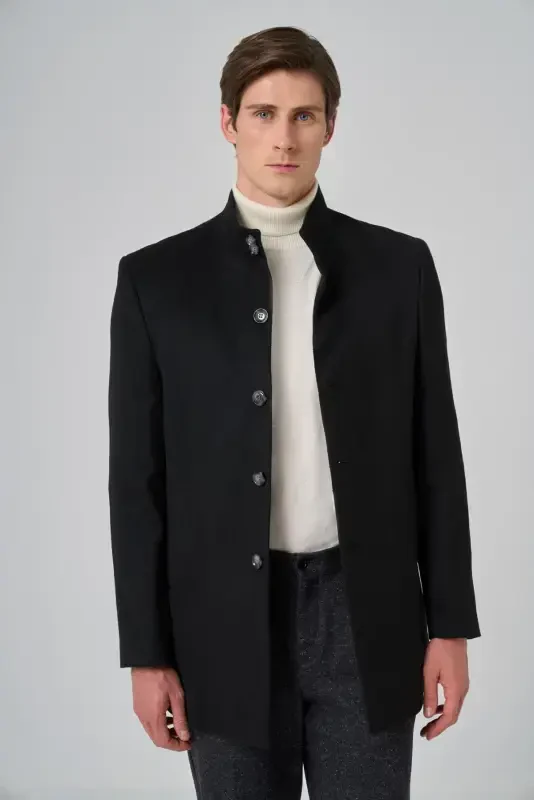 Modazone Men's Black Patterned Mandarin Collar Dynamic Fit Coat - 3