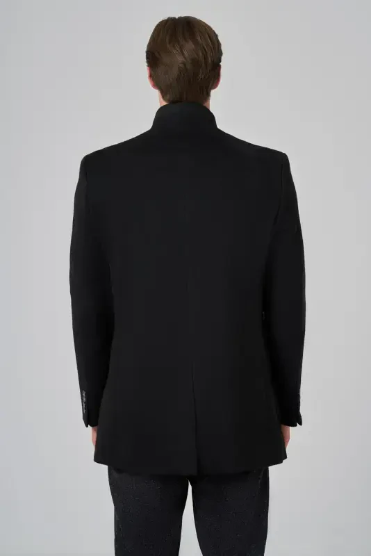 Modazone Men's Black Patterned Mandarin Collar Dynamic Fit Coat - 5