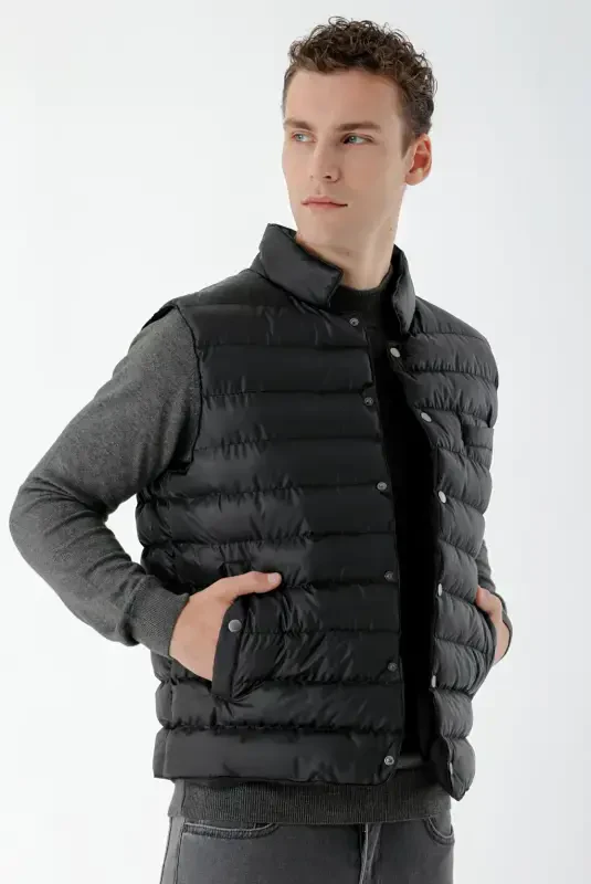 Modazone Men's Black Polyester Snap Fastening Quilted Vest - 4